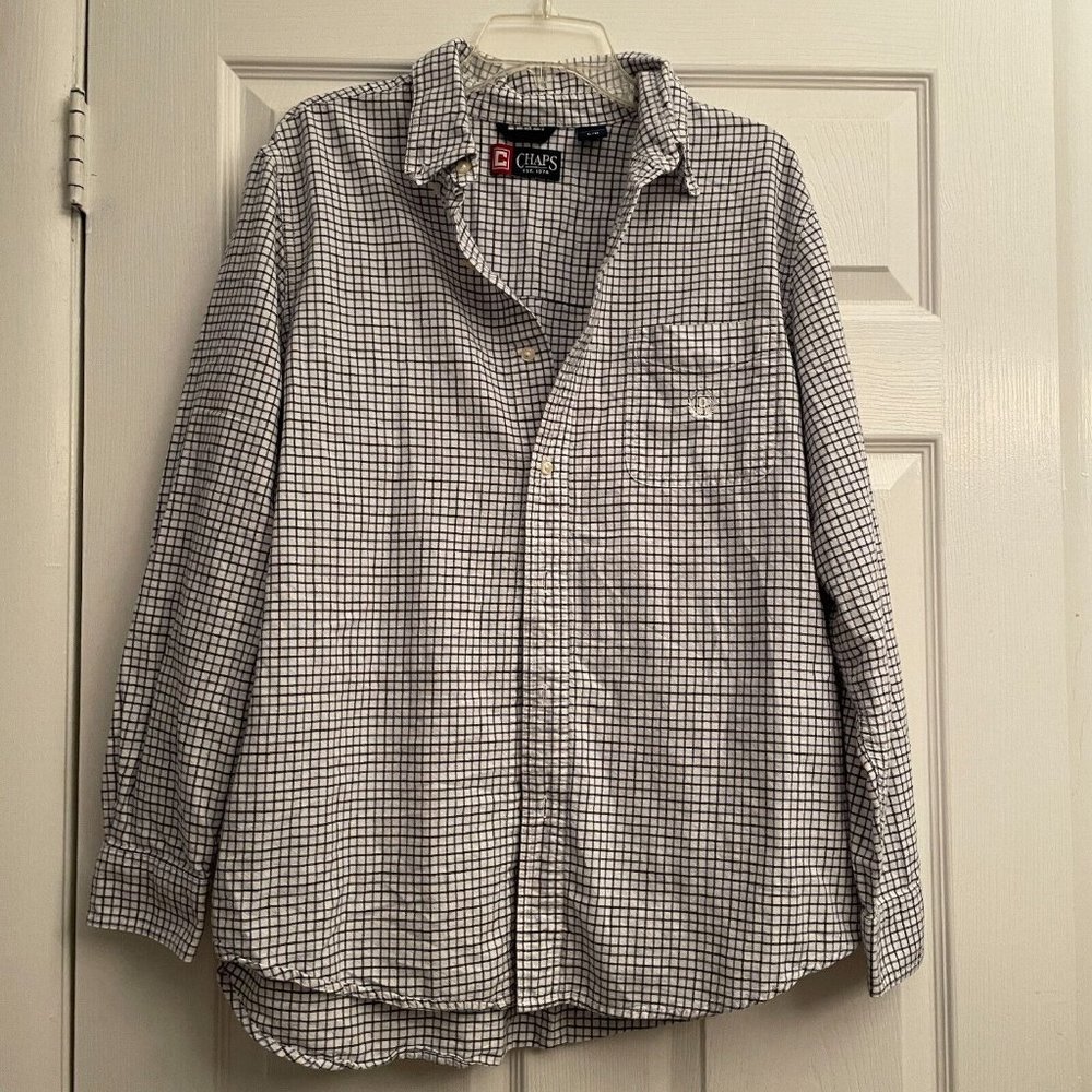 Chaps Men's White Blue Plaid Button Down Shirts, Size Large
